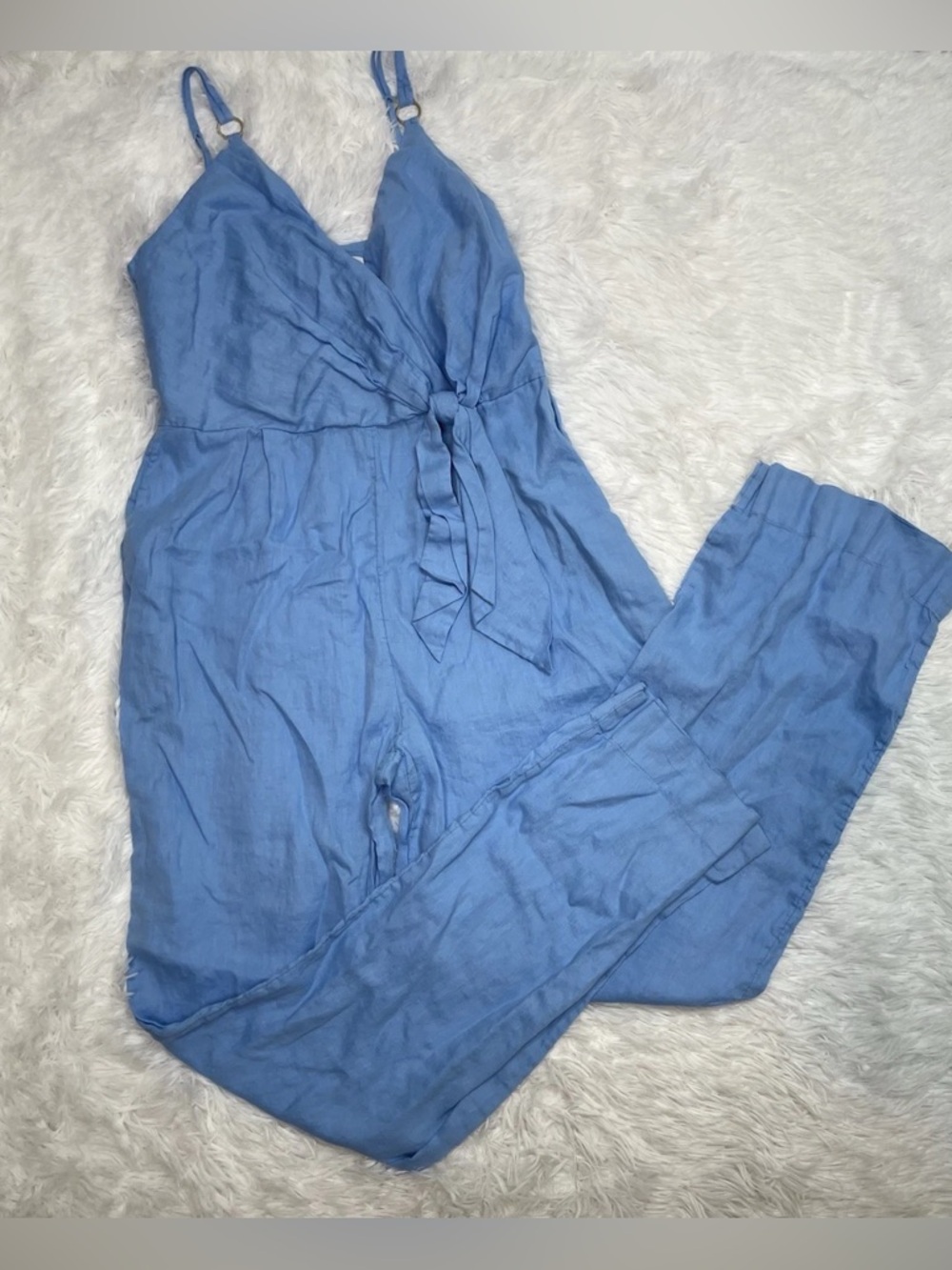 Reiss 100% Linen Jumpsuit Women’s Size 8 Baby Blue Low Cut Pockets Summer Resort